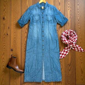 Chico’s Y2K Long Denim Chambray Button Front Cottagecore Maxi Dress Size 8/10